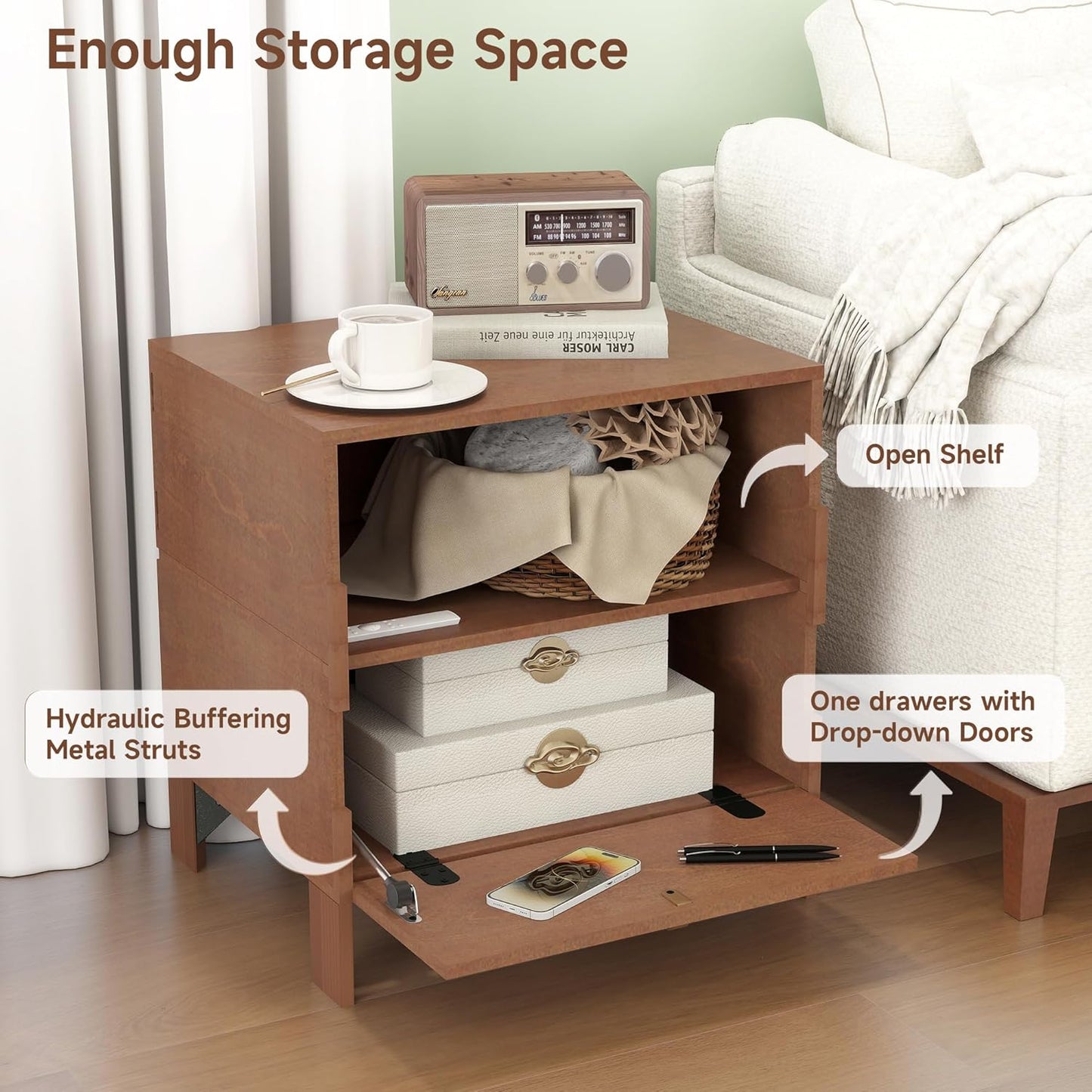 Sebastack Night Stand, Customizable 2 Drawers Bedside Table, End Table, Side Table for Bedroom, Dormitory, Mid-Century Style Wood Chest of Furnitures, Walnut Color