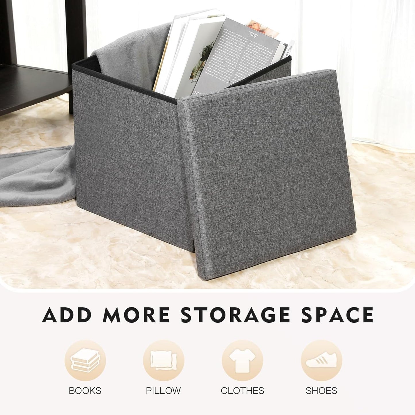 B FSOBEIIALEO Storage Ottoman with Tray, Small Ottomans Cube Folding Coffee Table Foot Stool Footrest Seat, Dark Grey Linen 16"X15.7"x15"