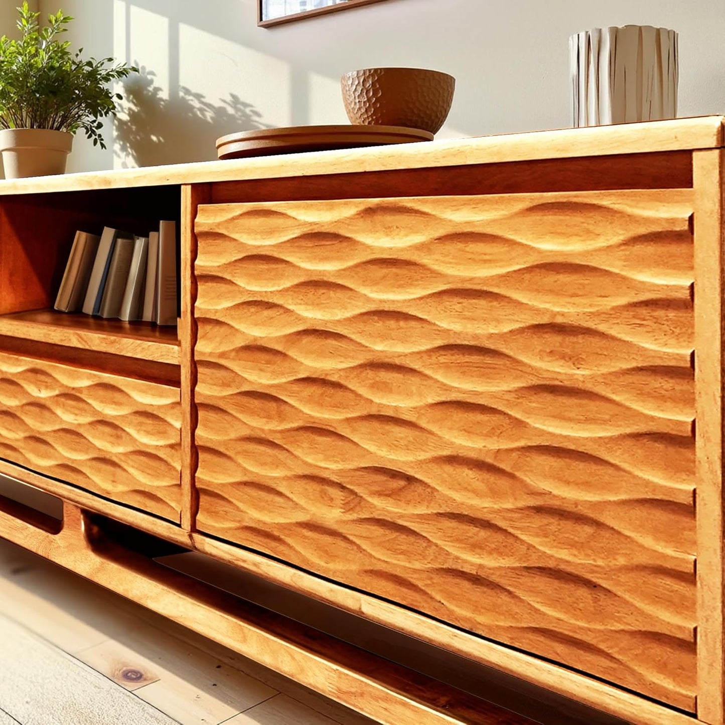 Acacia Elara Wood TV Stand for TVs up to 75+ Inch Entertainment Center with Storage Shelves and Cable Management, Mid Century Modern TV Media Console Wood TV Stands for Living Room Bedroom (Caramel)