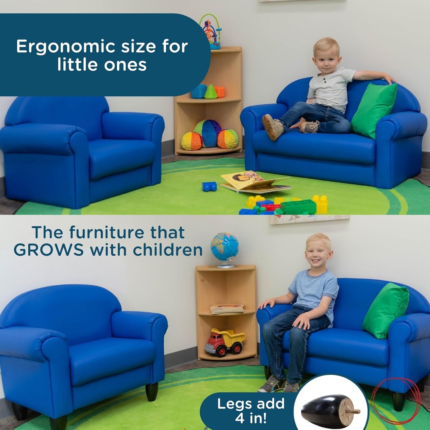 Children's Factory As We Grow Chair and Couch, Blue, CF805-309, Flexible Classroom Seating, Toddler Nursery Décor, Kids Playroom or Daycare Furniture