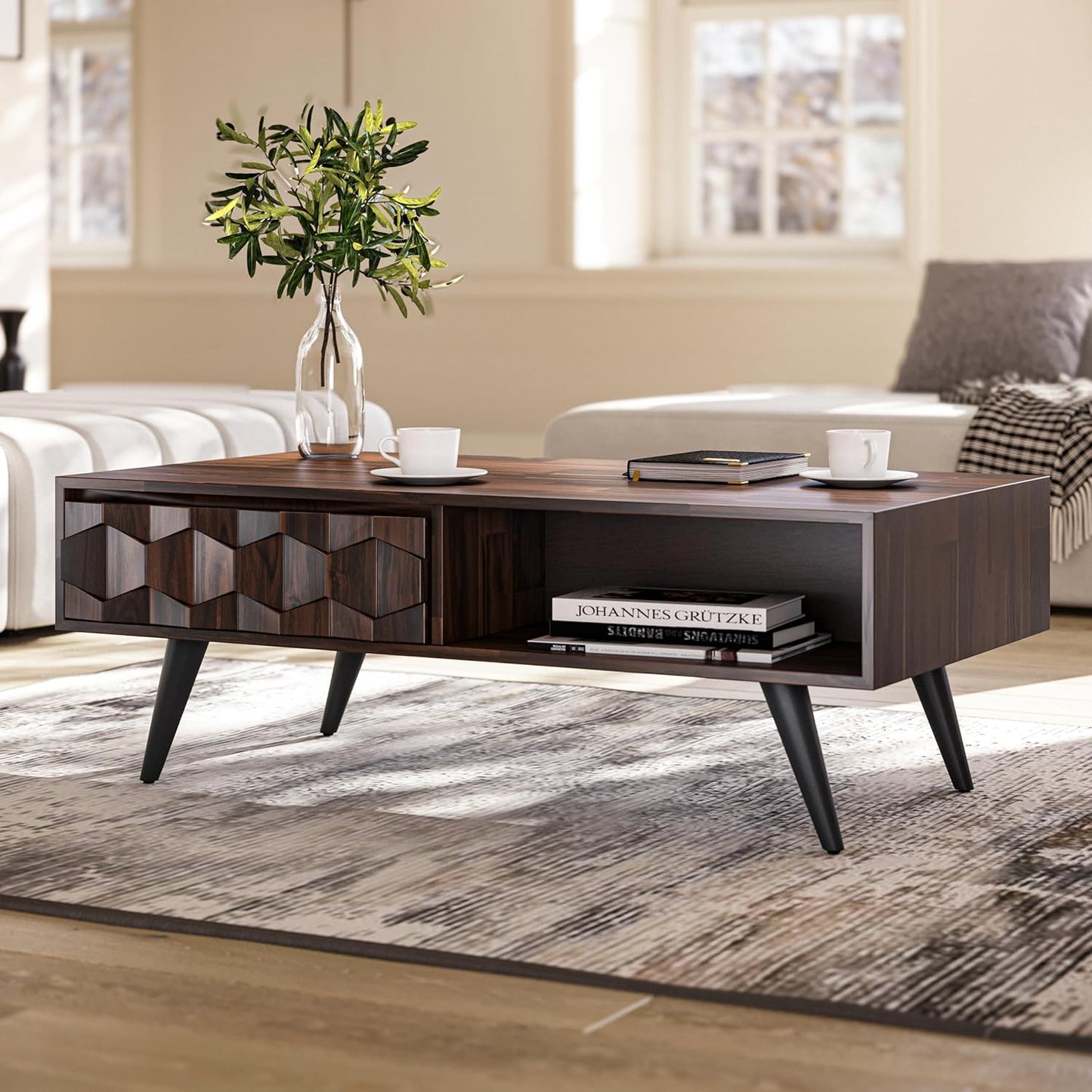 Bme Georgina Solid Wood Coffee Tables for Living Room, Coffee Table Mid Century Modern with 2 Symmetrical Storage Drawers & Geometric Details, Fully Assembled Center Table, Walnut