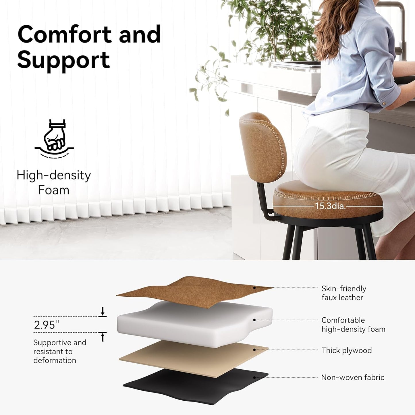 Counter Height Bar Stools, 26" H Swivel Barstools Set of 8, Faux Leather Kitchen Counter Stools with Back and Stylish Stitching, Metal Frame, Pub, Home Bar, Whisky Brown