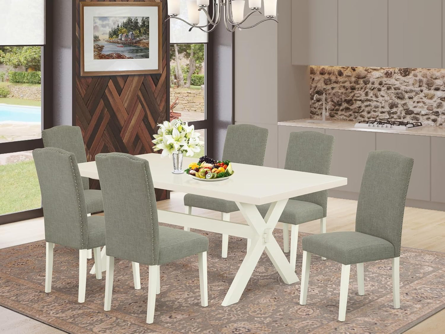 East West Furniture X027EN206-7 7 Piece Dining Room Furniture Set Consist of a Rectangle Dining Table with X-Legs and 6 Dark Shitake Linen Fabric Parsons Chairs, 40x72 Inch, Multi-Color