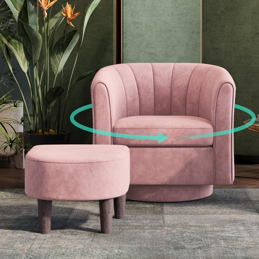 LINSY Swivel Accent Chair Ottoman Set: Velvet Small Barrel Chair with Foot Rest, Modern Reading Chair Upholstered Armchair with Footrest for Living Room Bedroom Study Room Office (Pink)
