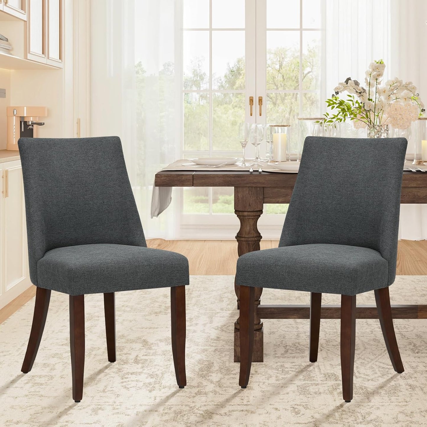 COLAMY Upholstered Dining Chairs Set of 2, Mid Century Modern Kitchen Chairs with Back, Farmhouse Fabric Side Dining Room Chairs with Wood Legs for Dining Room Restaurant, Dark Grey
