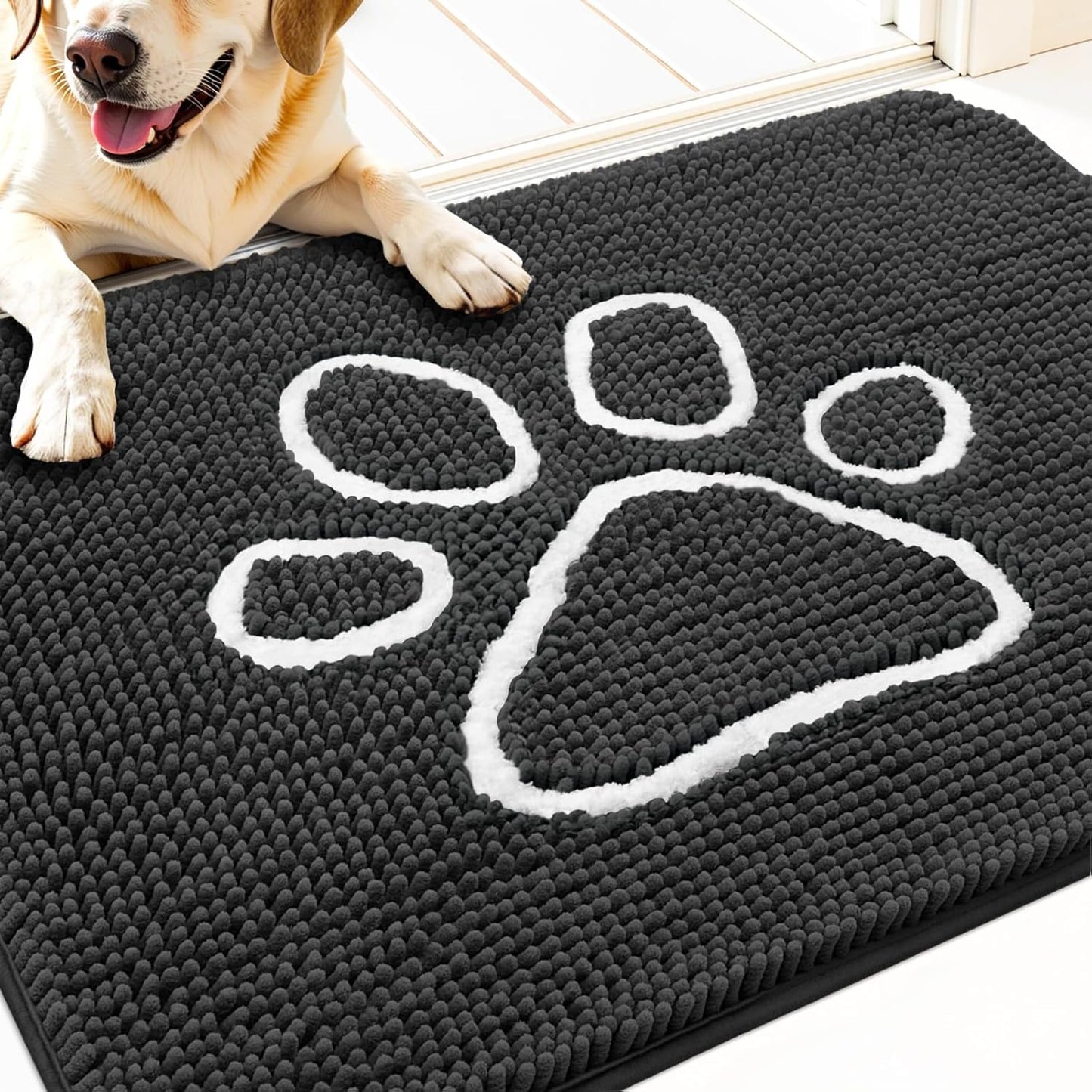 OLANLY Door Mat for Muddy Dog Paws 30x20, Ultra Absorbent Chenille Mud Doormat with Paw Print Design, Non-Slip Washable Doormat for Indoor Entryway, Quick-Dry Pet Bed Mats for Dirty Dogs, Dark Grey