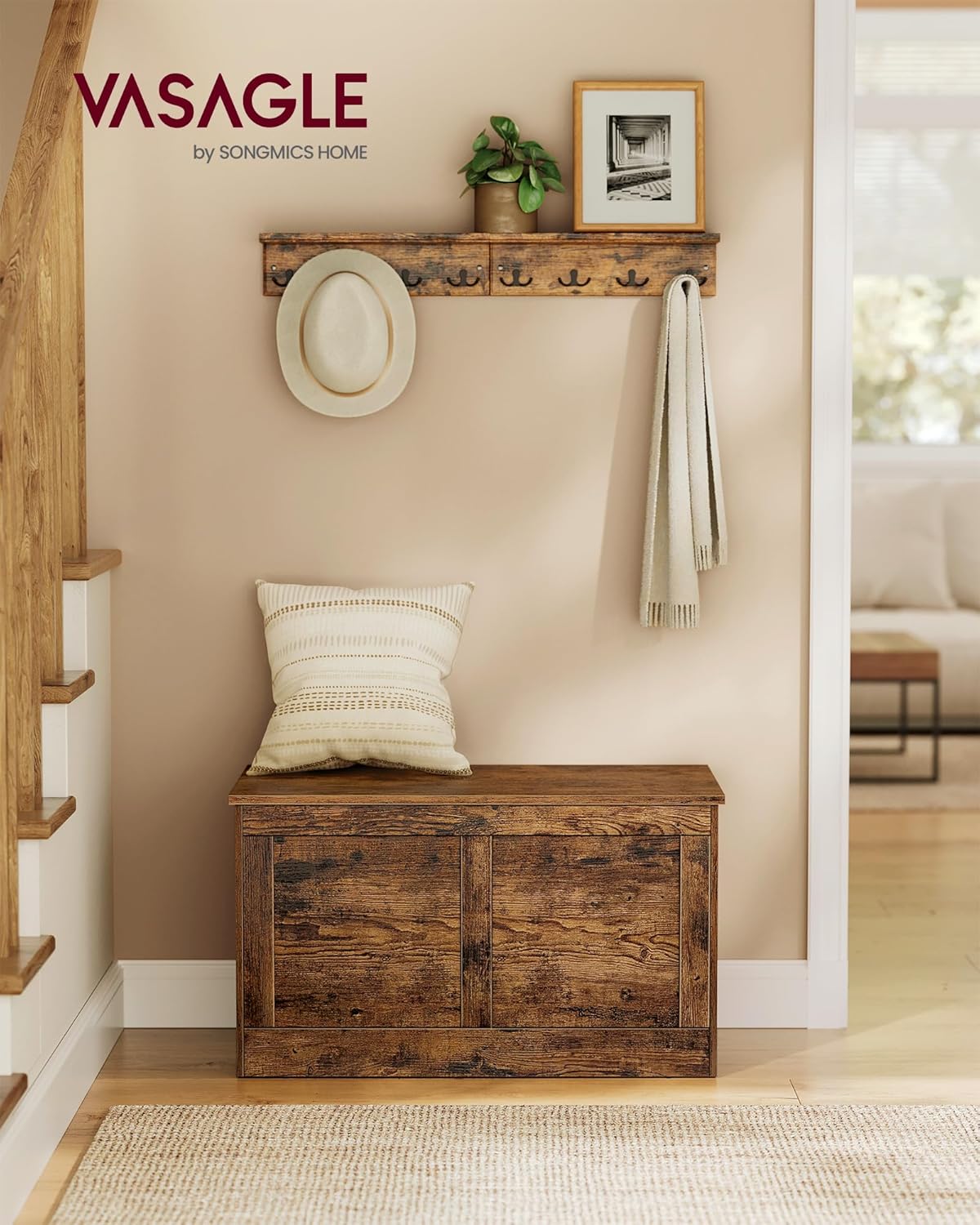 VASAGLE Storage Chest, Storage Trunk with 2 Safety Hinges, Storage Bench, Shoe Bench, Farmhouse Style, 15.7 x 31.5 x 18.3 Inches, for Entryway, Bedroom, Living Room, Rustic Brown ULSB064K01