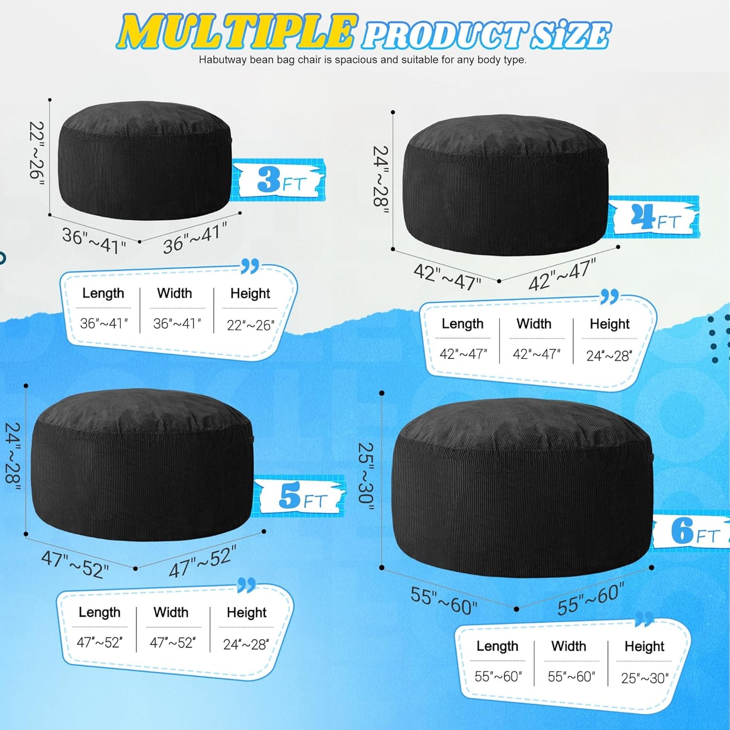 HABUTWAY 4FT Bean Bag Chair,Giant Bean Bag Chairs for Adults,Big Bean Bags with Memory Foam Filled, Large Beanbag Chairs with Soft Corduroy Cover-Black