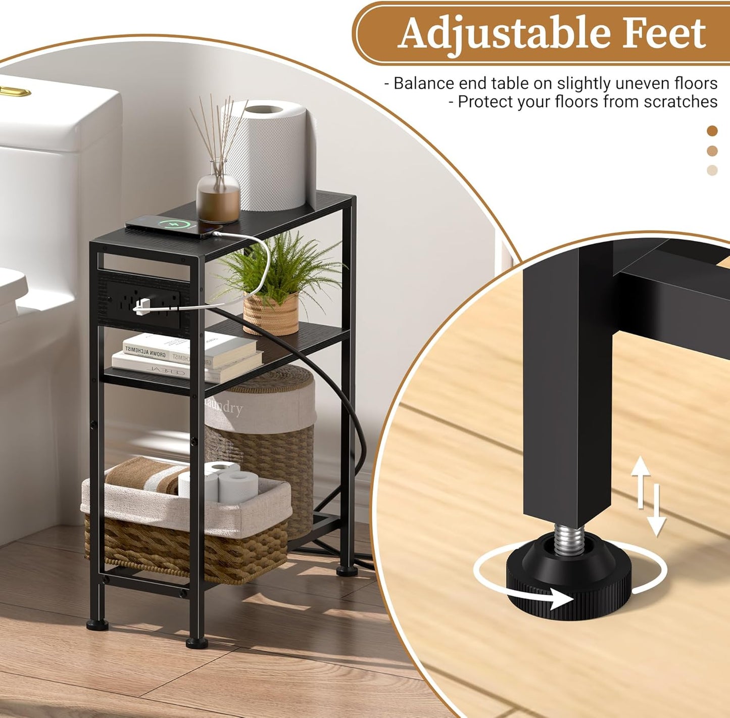Small Narrow Side Table with Charging Station, Skinny End Table for Small Spaces, Slim Nightstand with Outlets, Sofa Bedside Table in Living Room, Bedroom, Study, Kitchen and Balcony(Black)