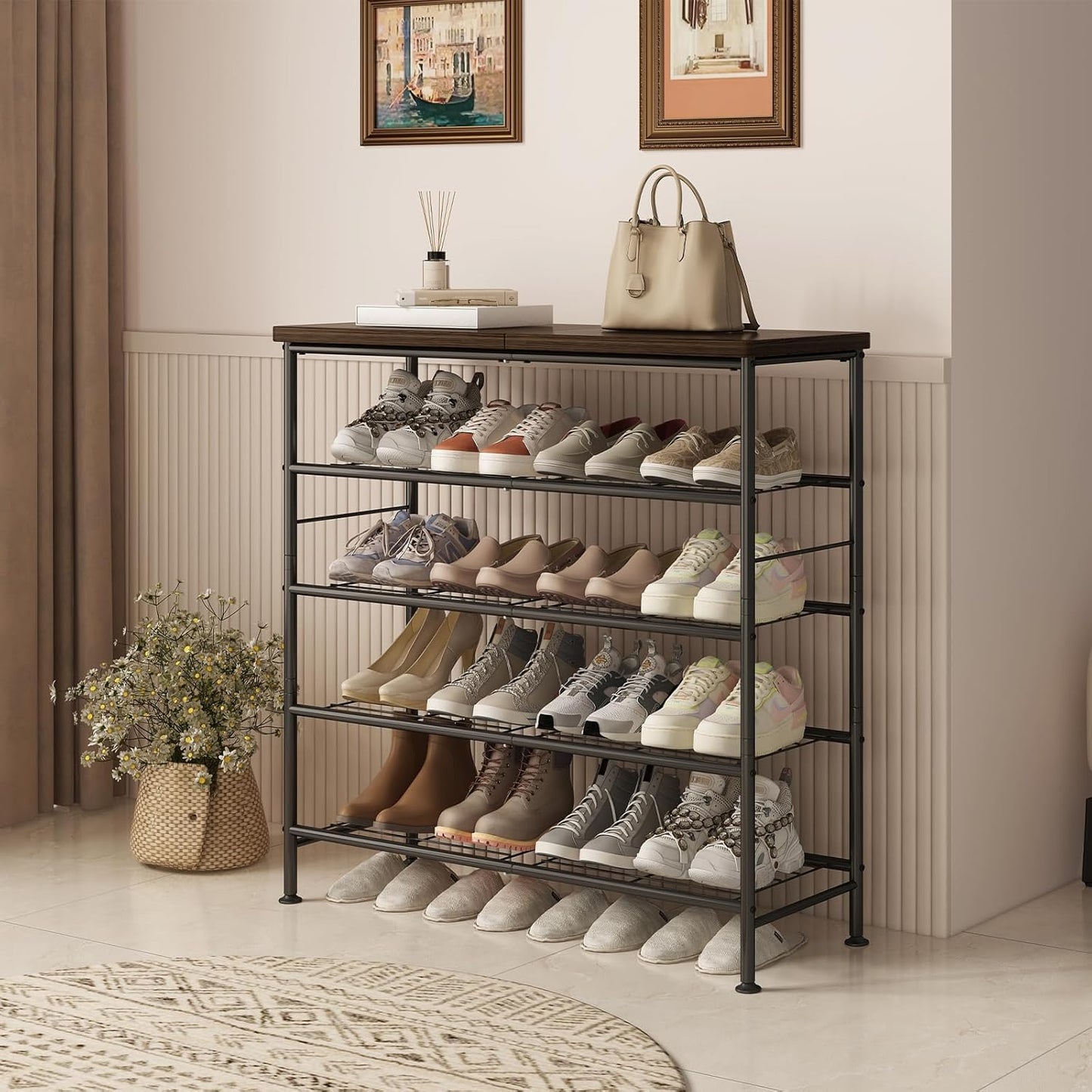 Shoe Rack Organizer 5 Tier for Closet Entryway Free Standing Metal Storage Shoe Shelf with MDF Top Board，Black+Rustic Brown