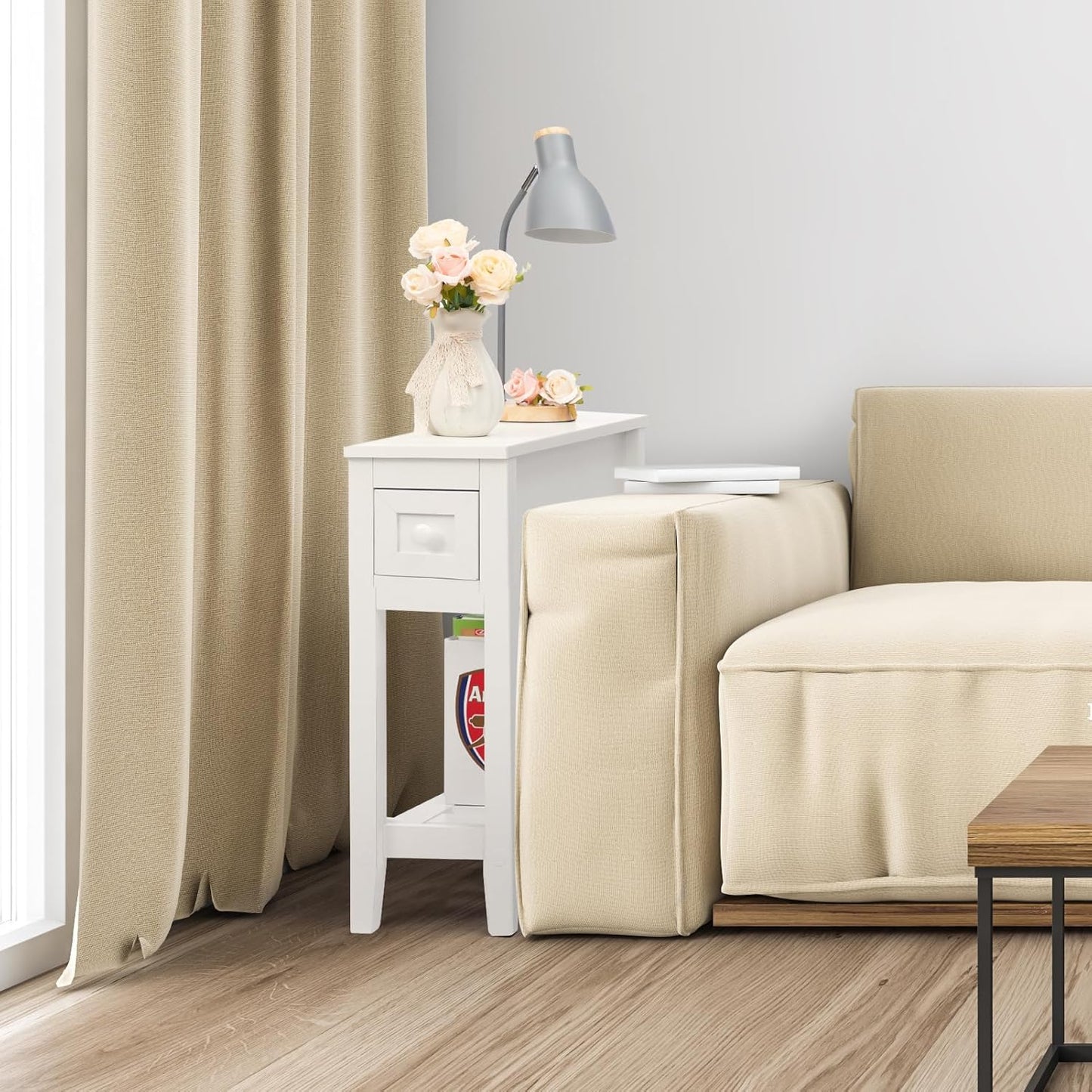 Narrow Side Table for Small Spaces, White, Set of 1, 24" L x 8.5" W x 24" H