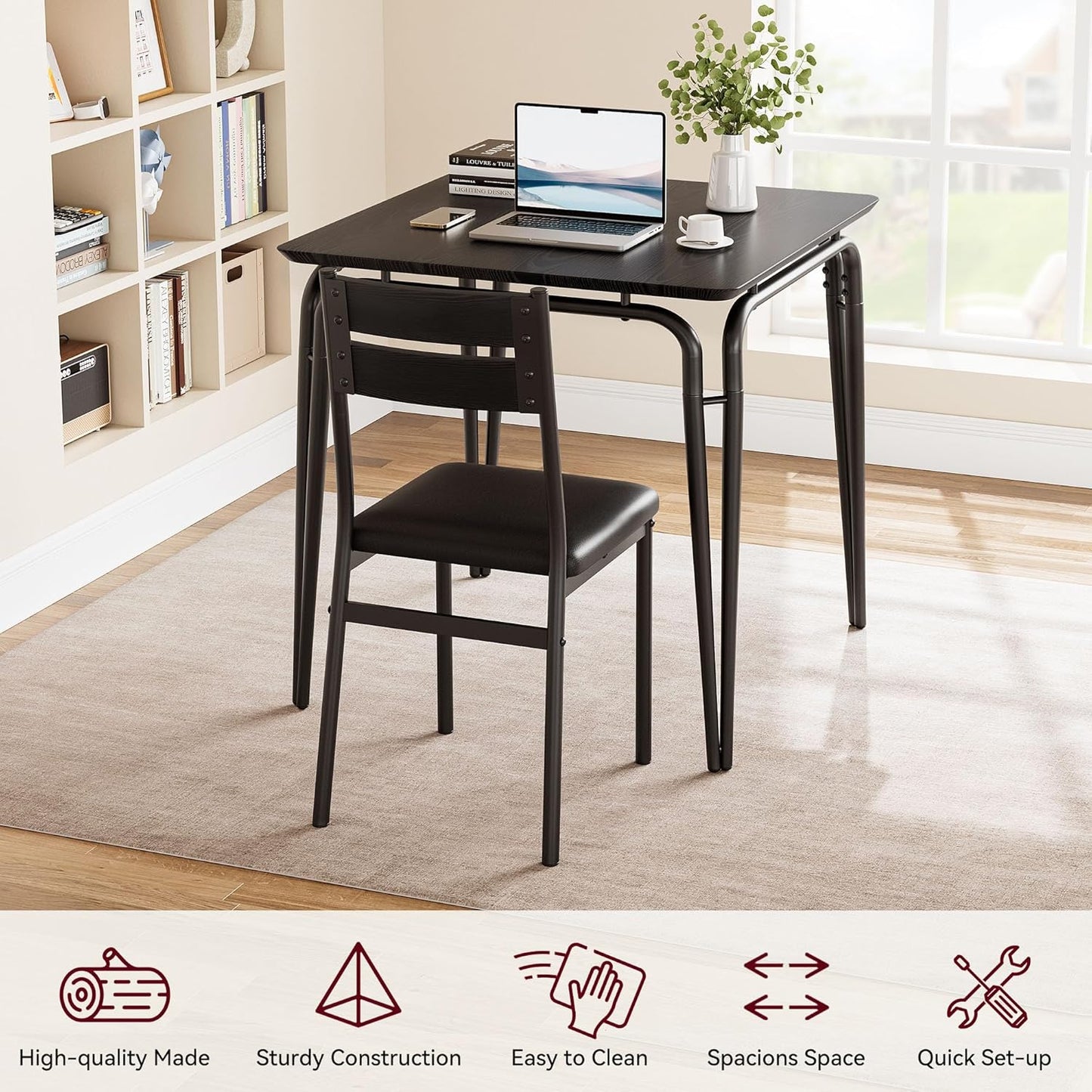 Dining Table for 2, Small Table and Chairs Set of 2, Square Dinette Set for 2, 3 Piece Kitchen & Dining Room Sets for Small Space (Black, Table with 2 Upholstered Chairs)