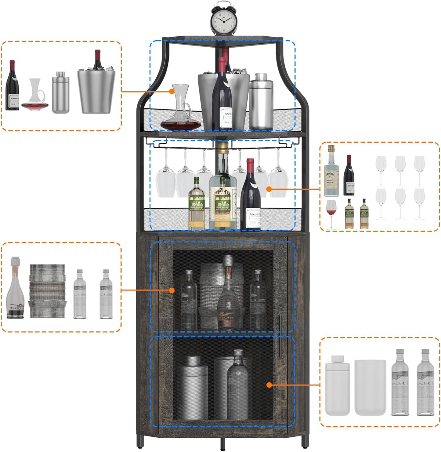 GAOMON Rustic Modern Corner Wine Cabinet, 5-Tiers Liquor Cabinet with Glass Holder, Industrial Bar Cabinet for Home, Dark Rustic Oak, 13.4"D x 18.5"W x 61"H