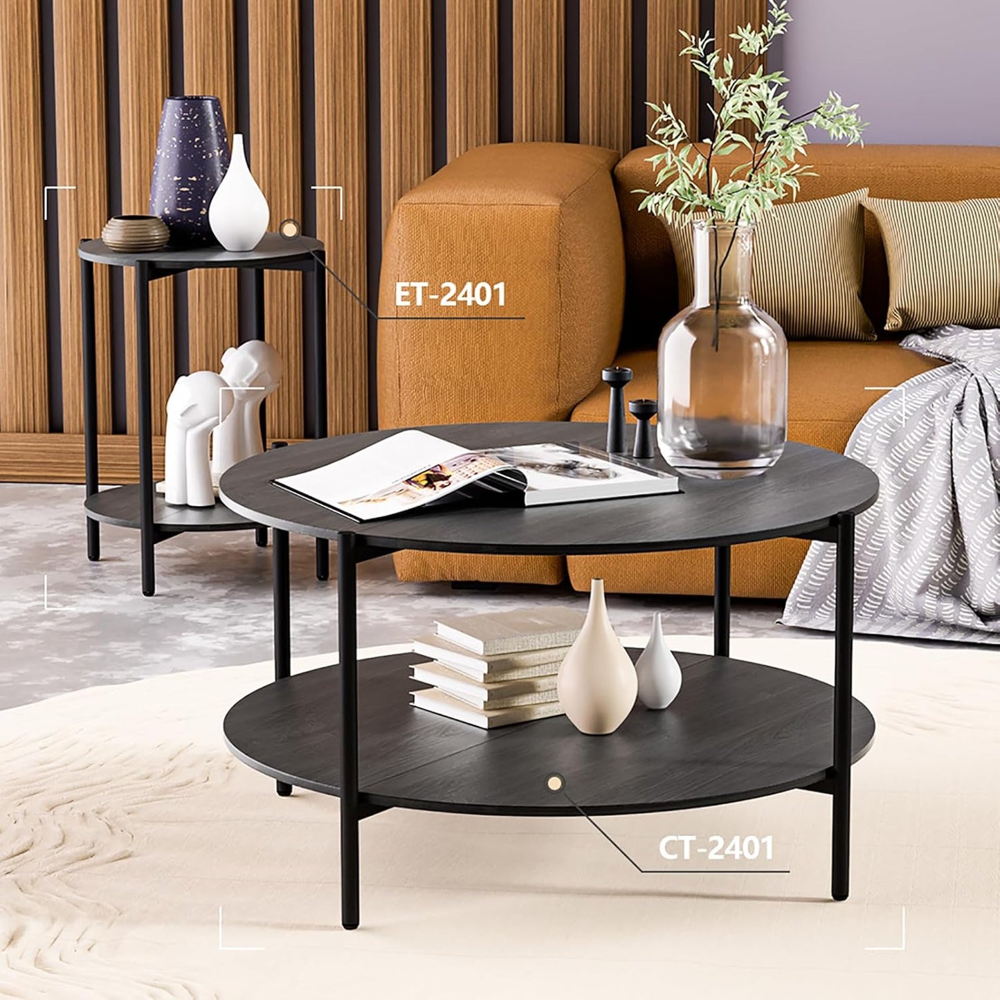Round Coffee Table, 2-Tier 32.9" Circle Coffee Tables with Storage Wood Rustic Farmhouse Center Circular Coffee Table for Living Room Bedroom Balcony Office - Grey