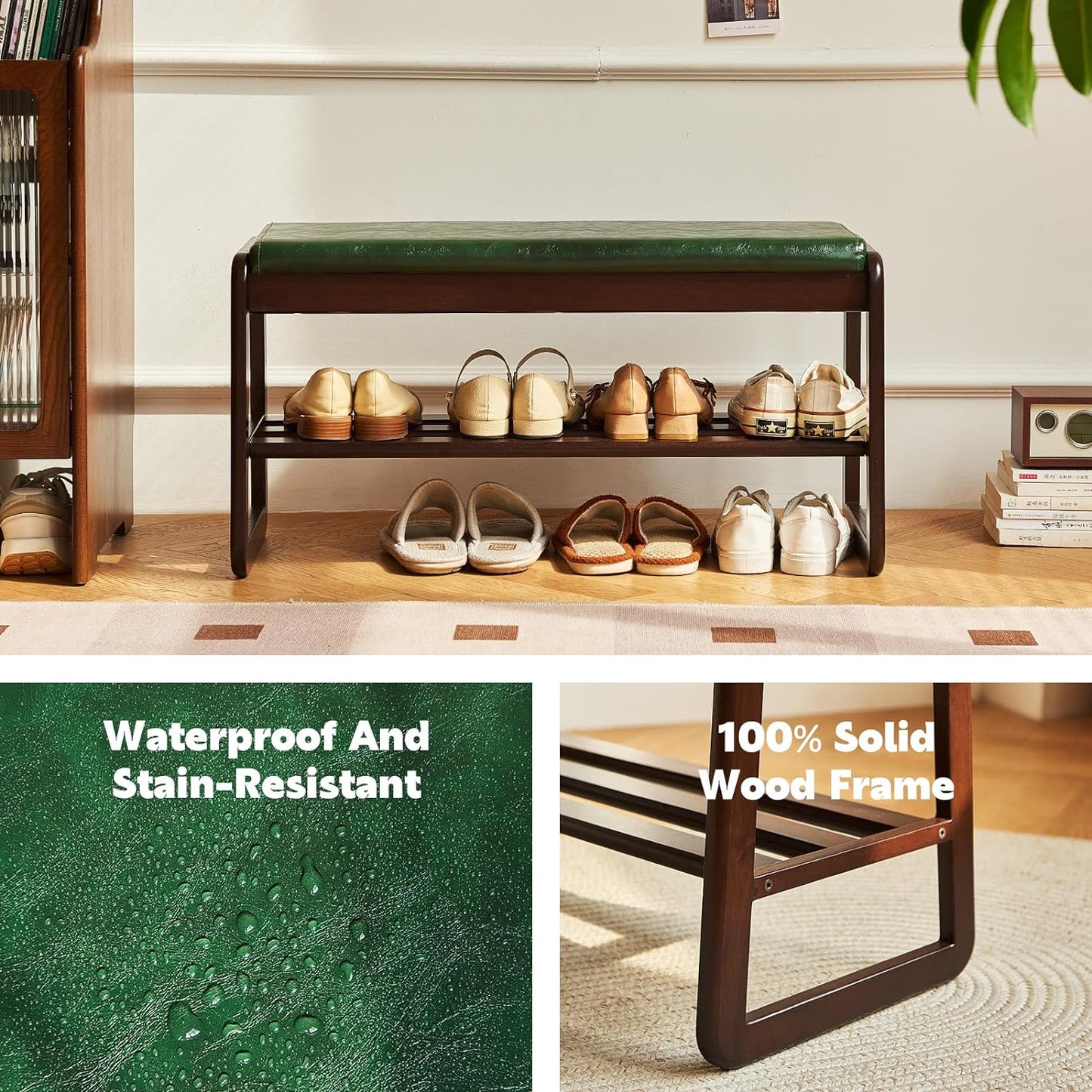 Solid Wood Shoe Bench, 2-Tier Wooden Storage Entryway Bench, Small Storage Bench Entryway Bench, Mid-Century Modern Bedside Bench with Faux Leather Cushion for Dining Room Living Room, Walnut 21.65''