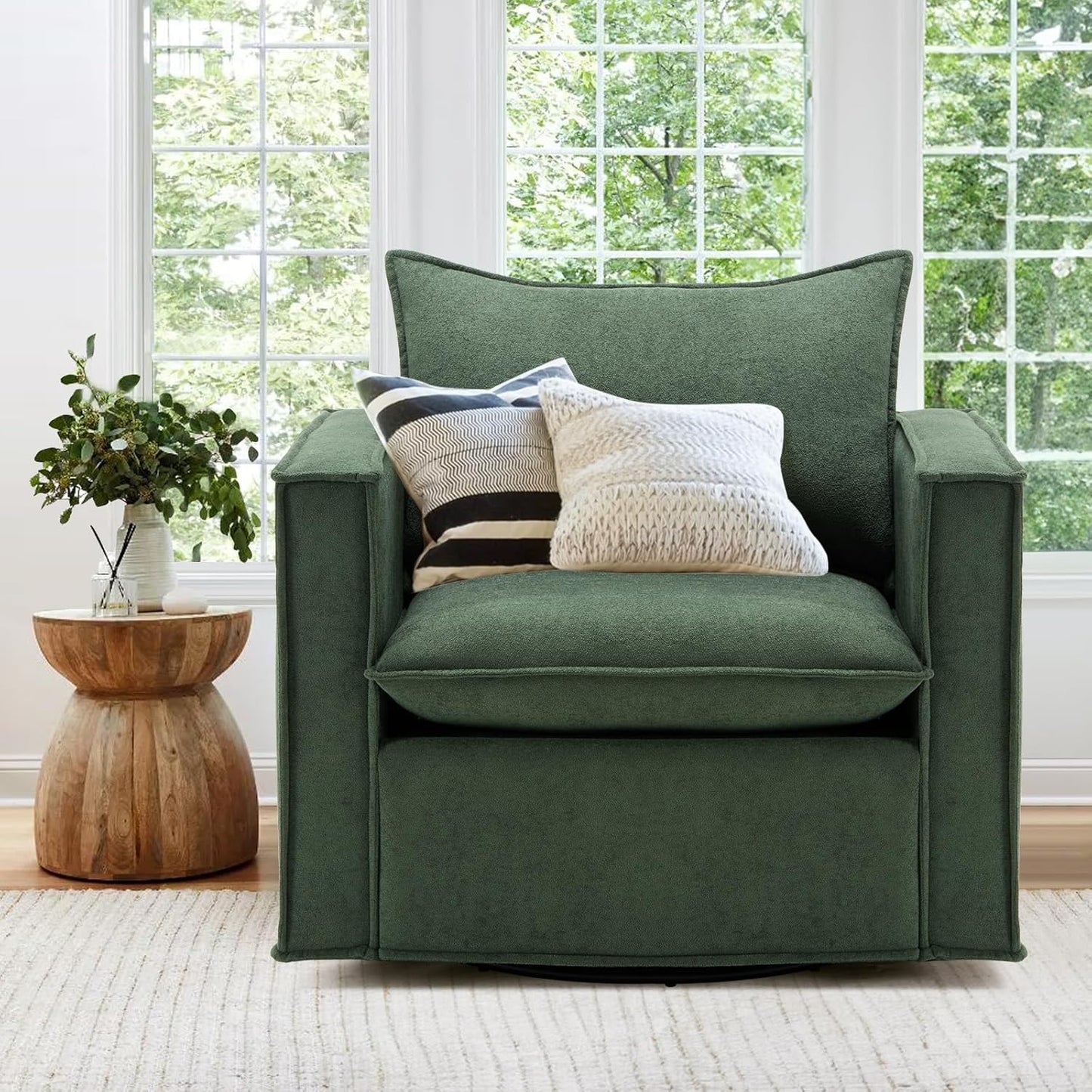 Swivel Accent Chair, 34 Inches Wide Upholstered Arm Chair with Plump Back Pillow, Modern Sofa Living Room Chair for Bedroom, Corner, Reading Nook-Green