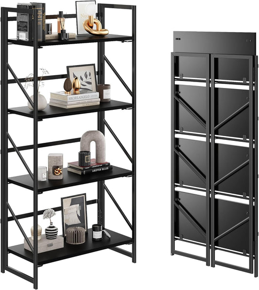 JSB No Assembly Folding Bookshelf, 4 Tier Industrial Metal Book Shelf for Storage, Vintage Wood Foldable Bookcase for Living Room, Bedroom, Office Organization Shelves