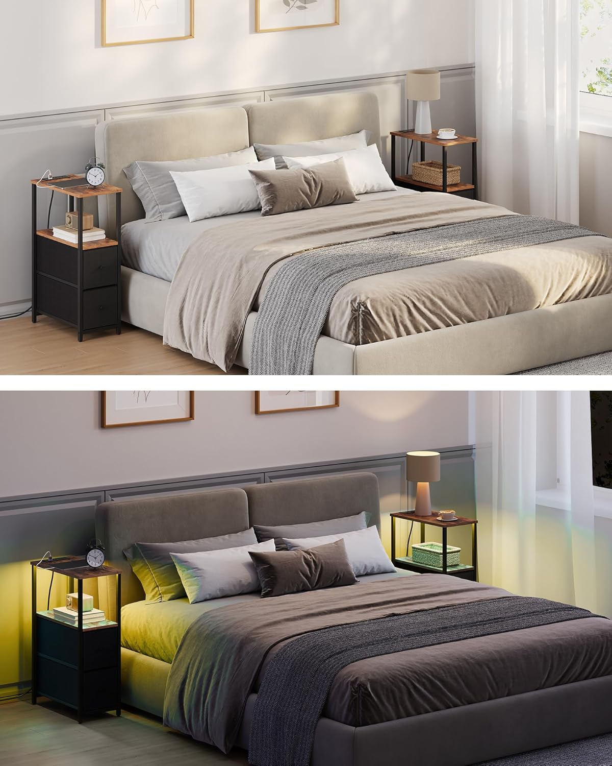 TUTOTAK Small Narrow LED End Table with Charging Station, Side Table Outlets, Nightstand with 2 Cloth Drawers, Set of 2, Couch Table, for Living Room, Bedroom, Bedside, Brown and Black TB01BB056K