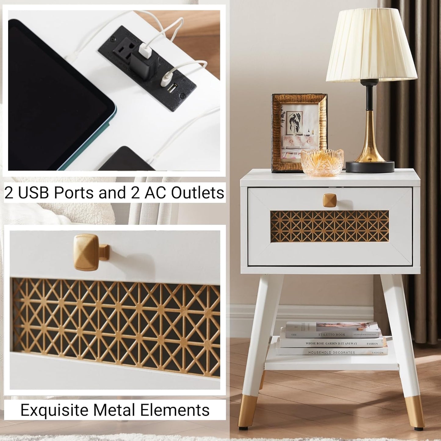 Modern Style Side Table, End Table with Drawer and Shelf for Living Room, Square Wooden Small Nightstand, White