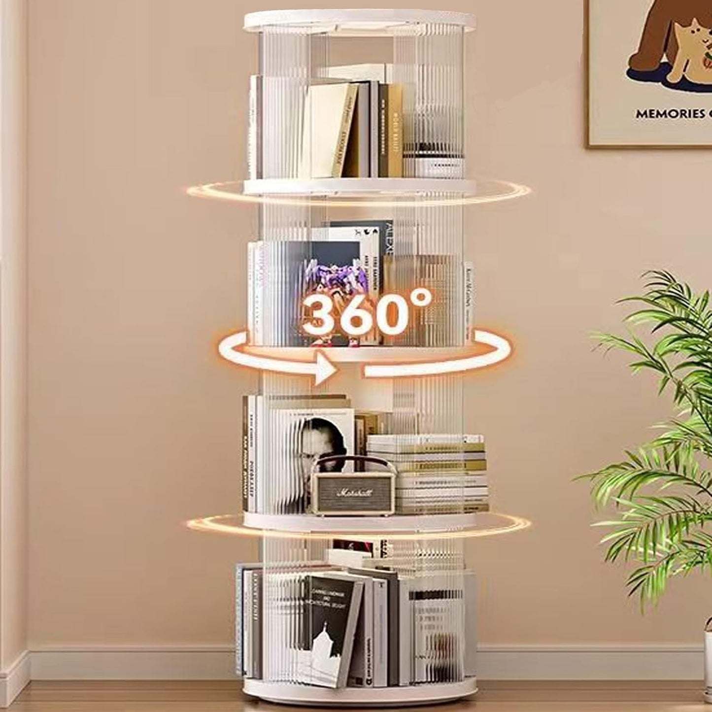 4 Tier Rotating Bookshelf Tower,360 Display Rotating Bookshelf,53.4 inch High Small Space Revolving Bookcase, Home Office Spinning Bookshelf Tower(Round, White)