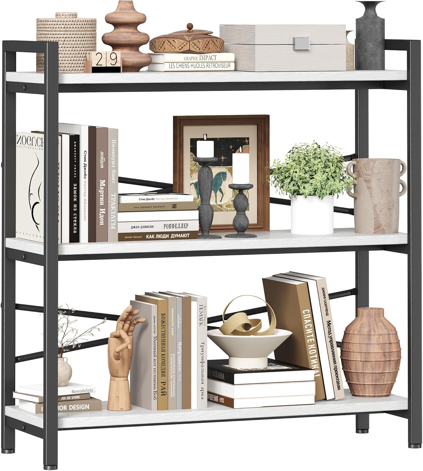 Book Shelf, 3 Tier Bookshelf 31.49" Width, Book Shelf Storage and Organization, Wooden and Metal Industrial Bookcase, Large Book Shelves for Home Living Room Bedroom Office Storage(White)