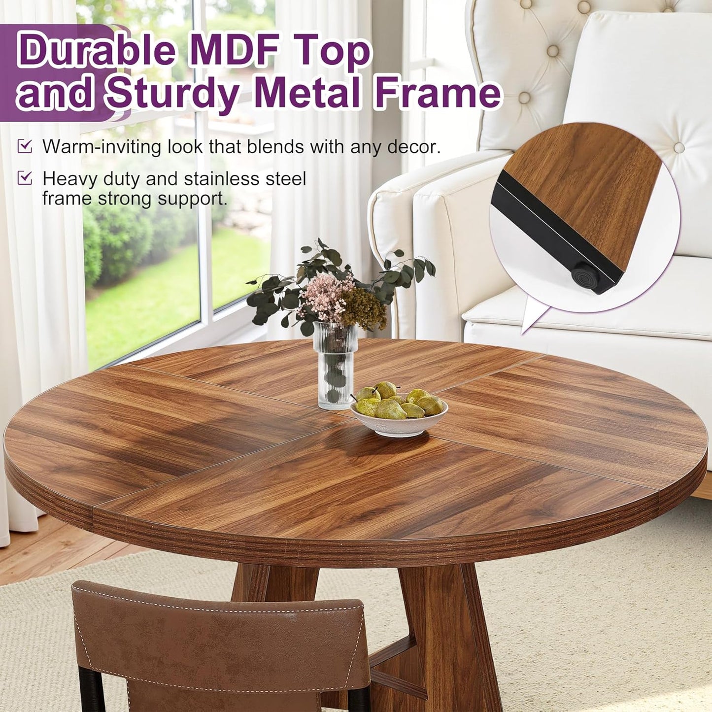 Round Dining Table for 4, 47" Wooden Kitchen Dinner Table Rustic, Farmhouse Table for Dining Room, Living Room, Brown