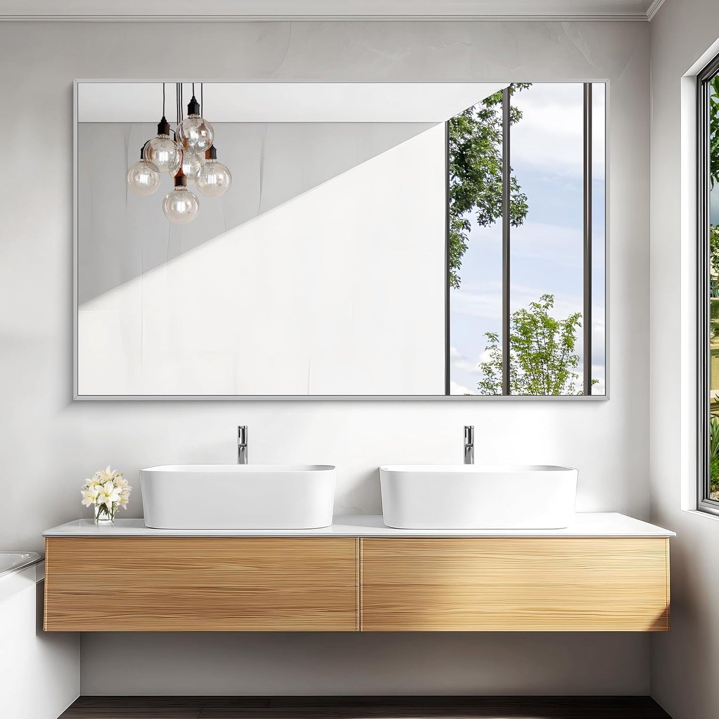 KOCUUY Large Silver Bathroom Mirror, 60x36 inch Rectangular Mirror for Bathroom Sink, Oversized Mirror with Metal Brushed Nickel Frame for Living Room, Farmhouse, Entryway, Hang Horizontal/Vertical
