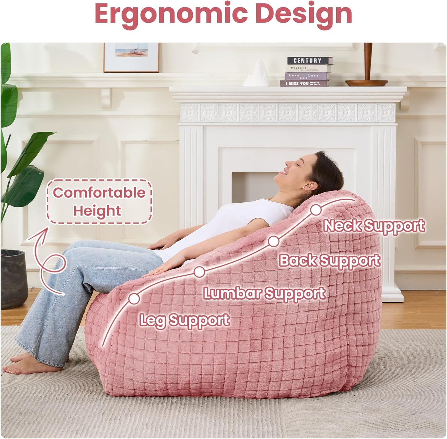 Bean Bag Chairs for Adults, Giant Beanbag Sofa Comfy Reading Chair, Oversized Bean Bag Chairs for Living Room Bedroom, Soft Faux Fur Fabric, 3.2FT, Pink, Checkered