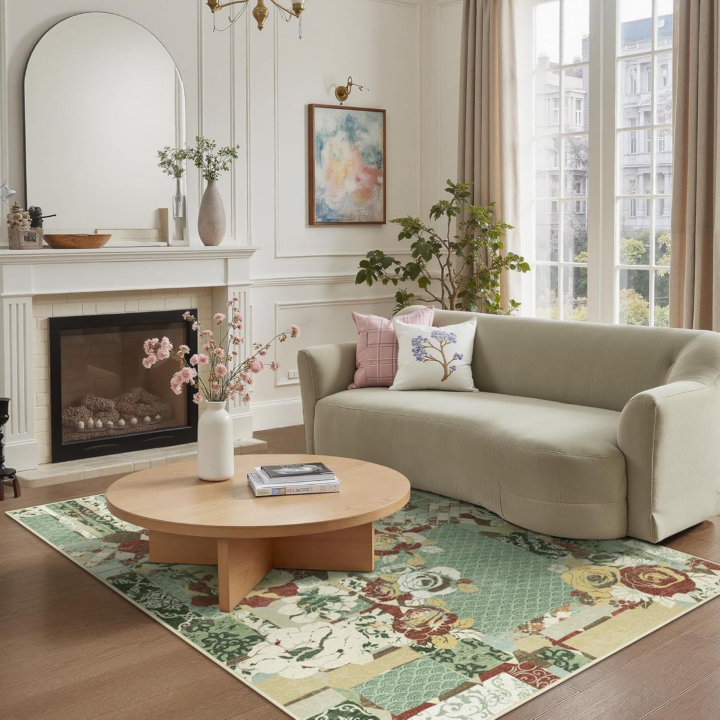 GENIMO 5X7 Floral Area Rugs for Living Room, Machine Washable Non Slip Vintage Patchwork Washable Rug, Ultra-Thin Low Pile Chenille Rugs for Bedroom, Dining Room, Celadon Green