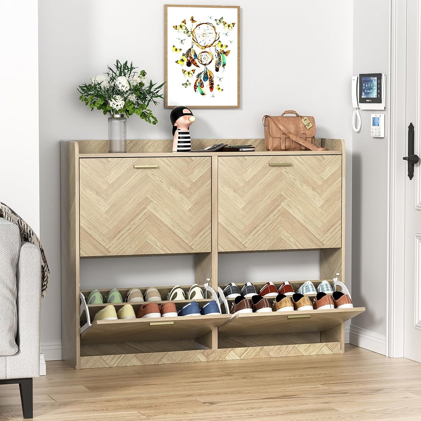 47" Large Shoe Cabinet with 4 Flip Drawers, Freestanding Shoe Storage Cabinet for Entryway, Hidden Shoe Cabinet Organizer with Adjustable Shelf, Narrow Shoe Rack for Entryway, Hallway, Oak