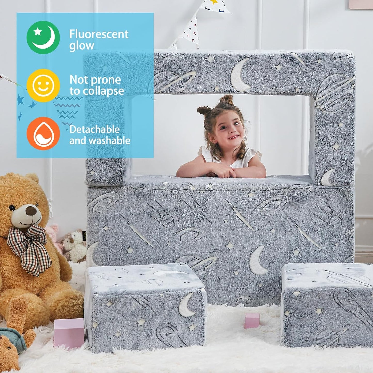 Kids Couch Sofa Modular Toddler Couch, Glow in The Dark 3 in 1 Fold Out Kids Sofa with Washable and Durable Covers for Boys, Galaxy Stars