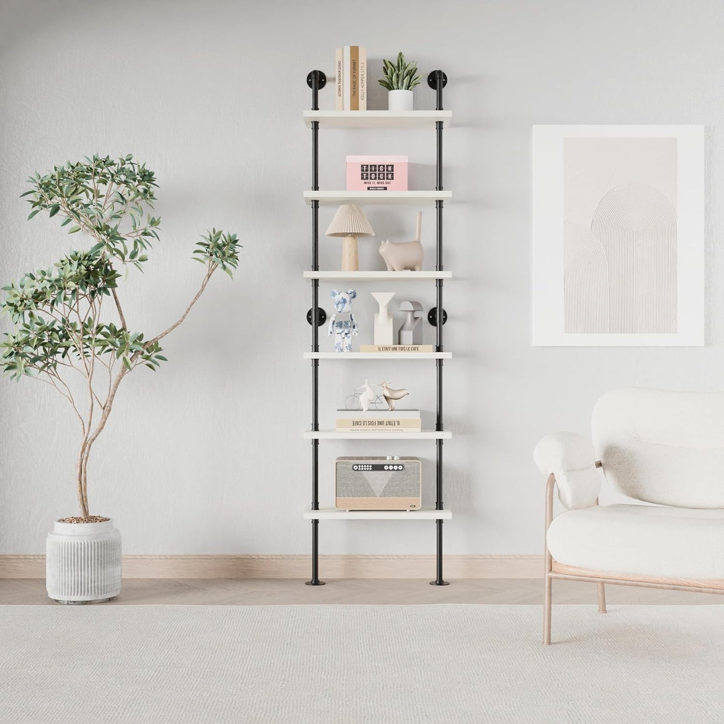 Industrial Ladder Pipe Shelves, Wall Mounted Wood Metal Rustic Bookshelf for Living Room (White, 6 Tier - 10" D x 24" W x 82.5" H)