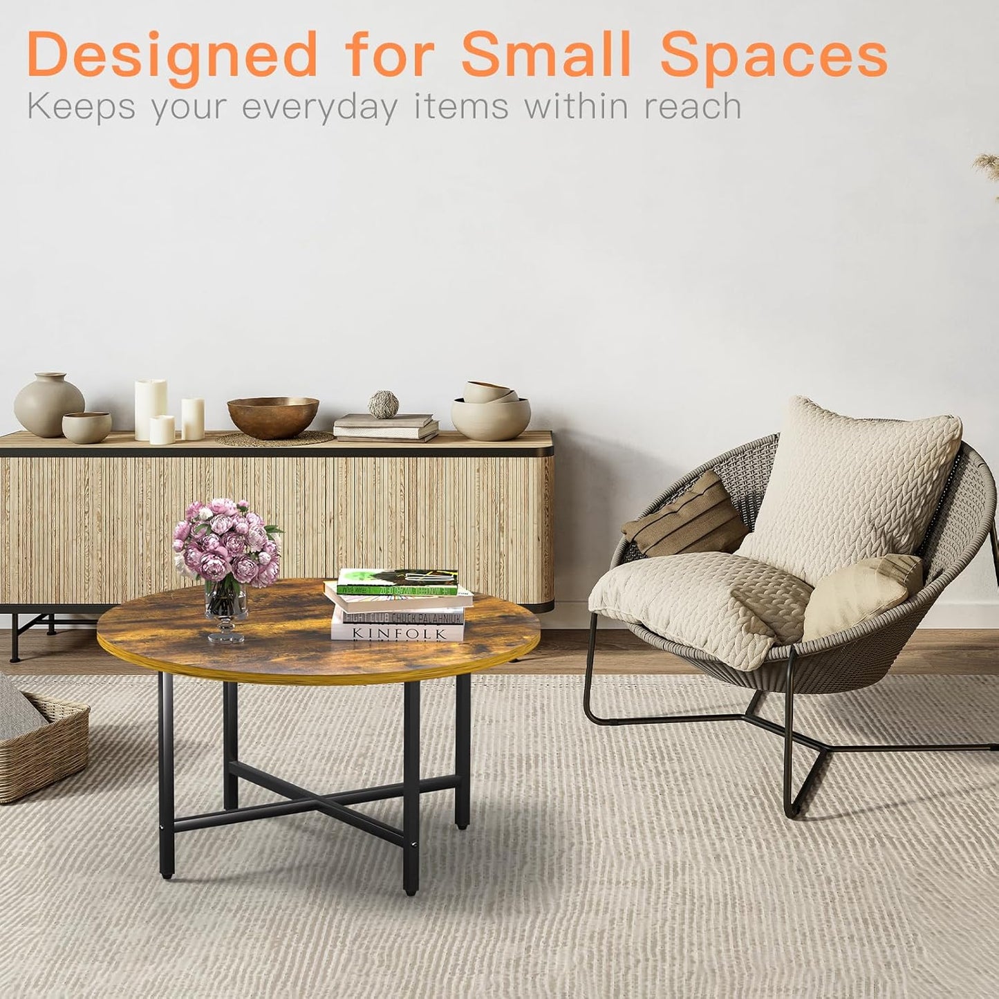 Round Coffee Table, 23.6" Small Coffee Tables for Living Room, Circle Coffee Table with Metal Frame, Floor Table Desk for Sitting on The Floor, Home, Office, Rustic Brown