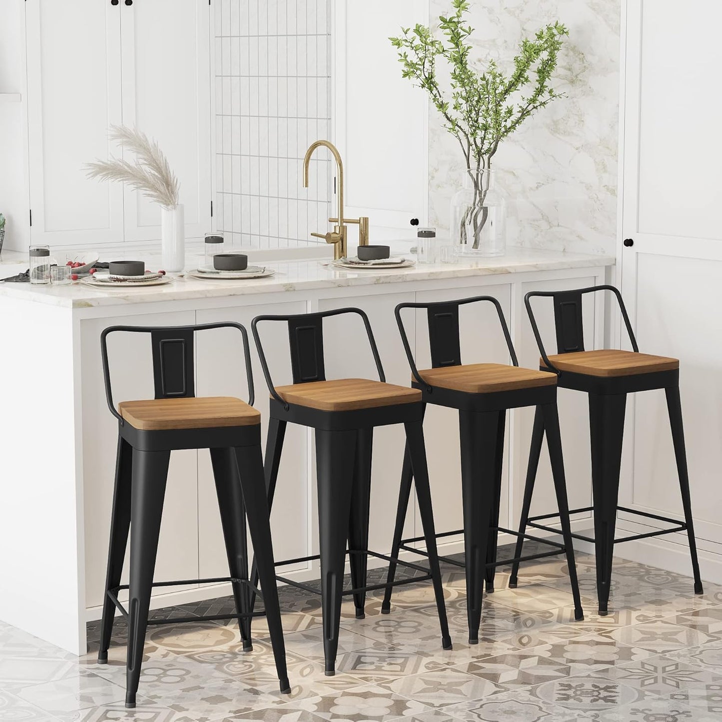 WENTMENT Bar Stools Set of 4 Counter Height Metal Barstools with Removable Back 30" Kitchen Bar Stools with Wooden Seat, Black
