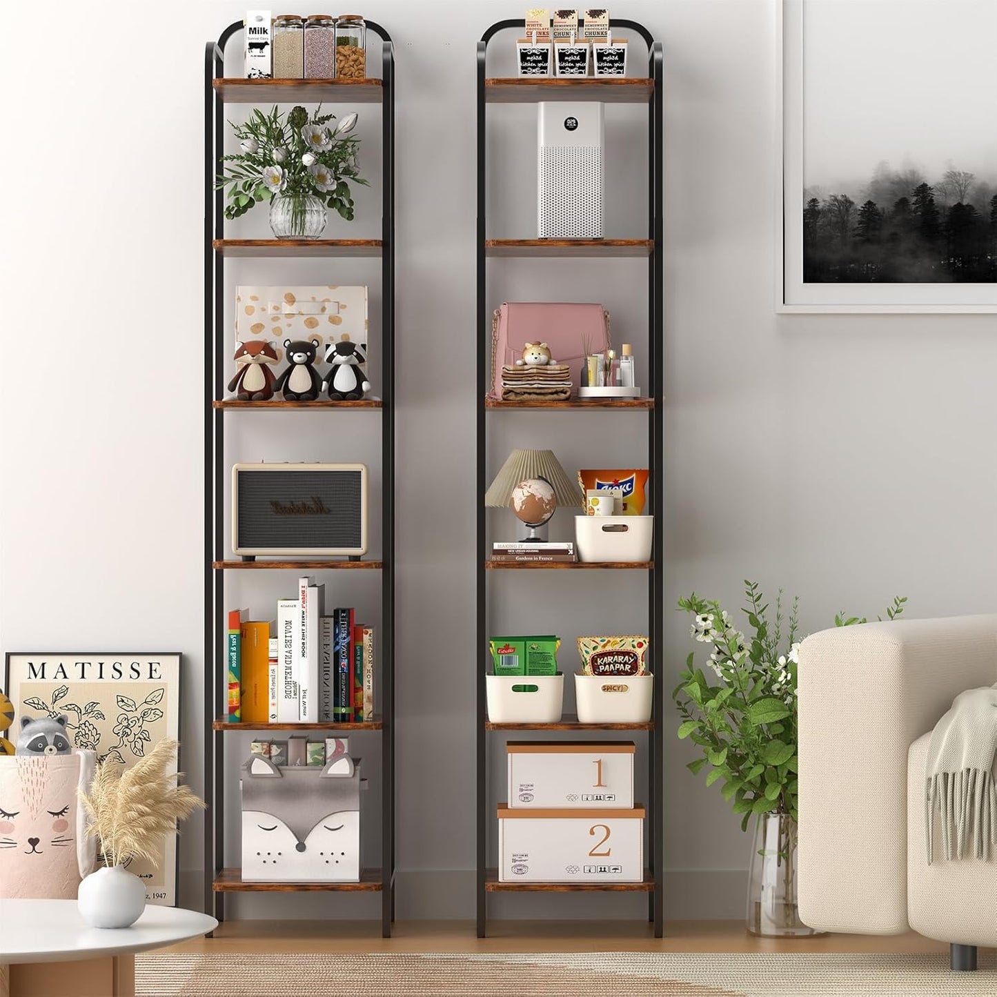 5 Tier Bookshelf, Bookcase with 5 Shelves, Storage Rack Organizer, Corner Wood Storage Shelf with Metal Frame for Bedroom, Living Room (Rustic Brown, 6 Tier)