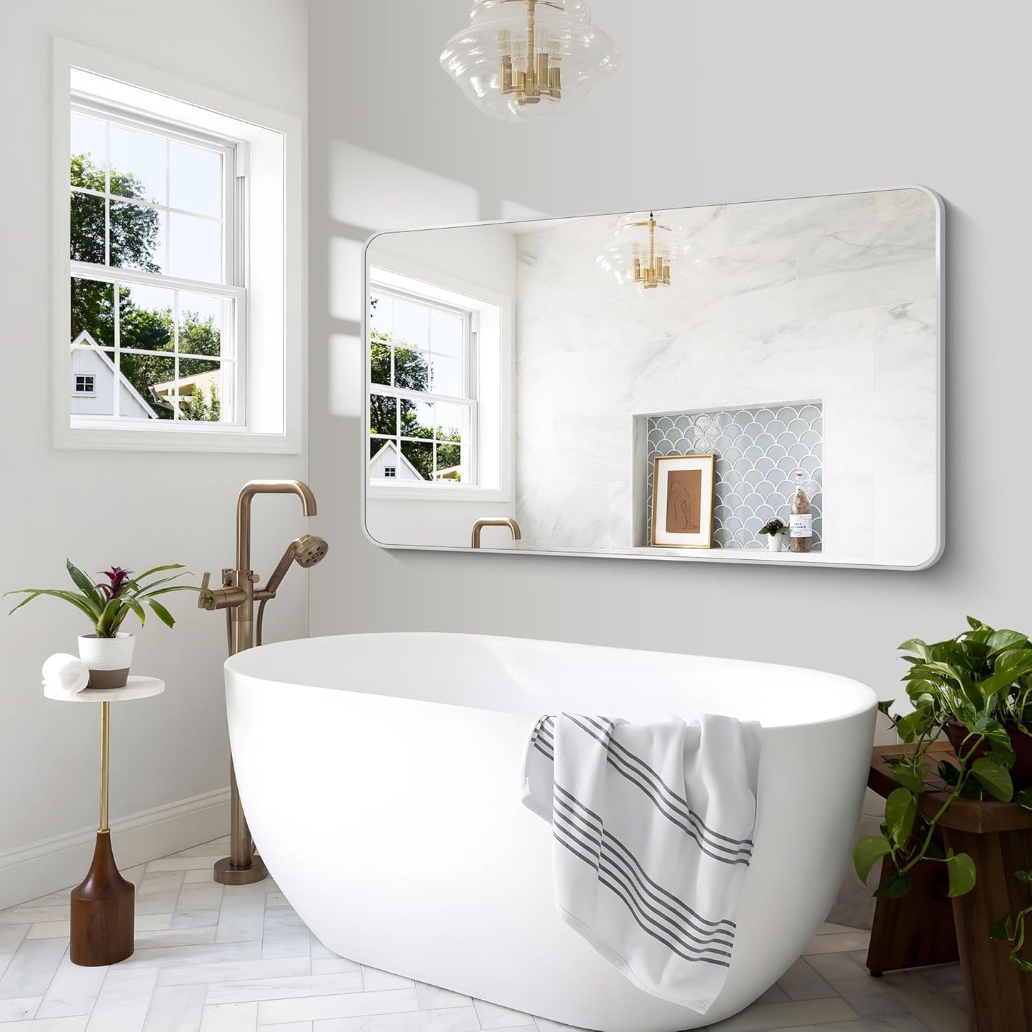 BONEWEI Silver Bathroom Mirror,60x36 inch Wall Mirror for Bathroom Wall Mounted,Rectangle Mirror for Bathroom Over Sink,Modern Frame Round Corner for Living Room,Bedroom Entryway,Horizontal/Vertical