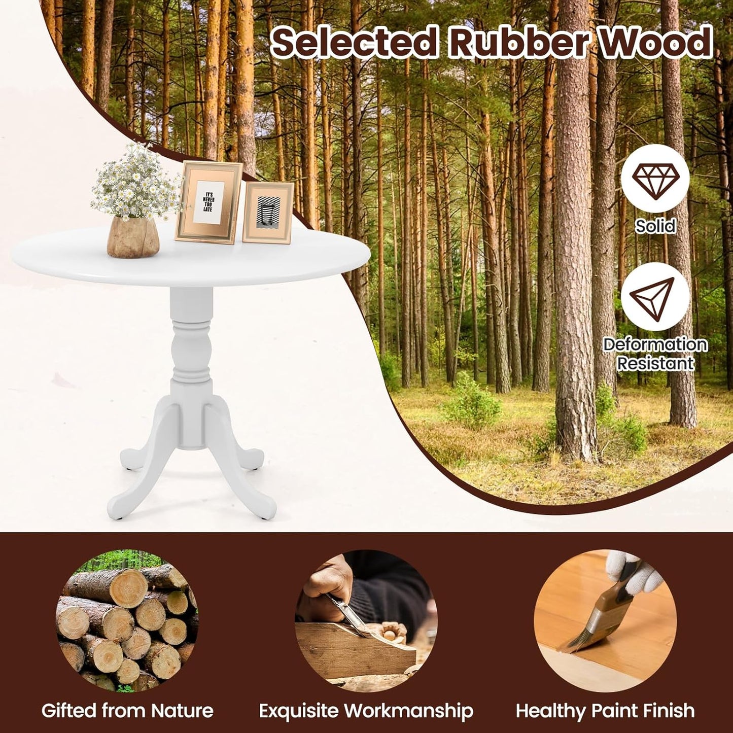 COSTWAY Round Dining Table for 4, 39-inch Wooden Kitchen Table with Solid Rubber Wood Frame, Curved Trestle Legs, Adjustable Foot Pads, Mid Century Rustic Dinning Table for Living Room (White)