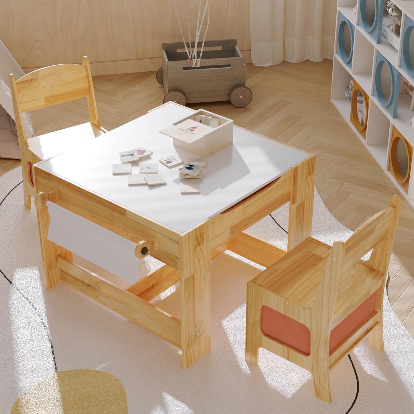 Pinewood Kids Table and Chair Set, 3 in 1 Toddlers Wooden Art Activity Table Desk with Chairs and Storage, Children Removable Tabletop, Blackboard, Natural
