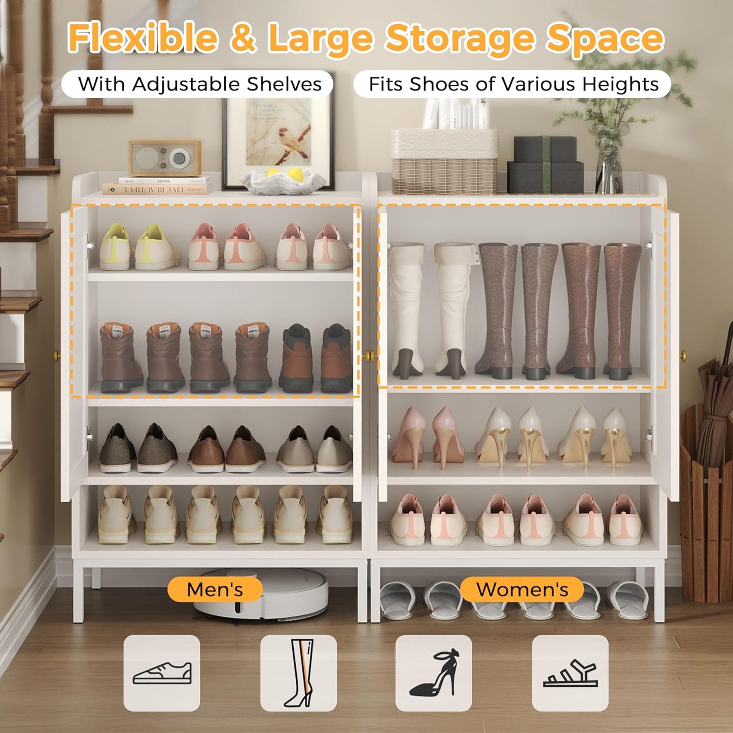 Rattan Shoe Cabinet Storage for Entryway, Shoe Cabinet with Adjustable Shelves for Entryway, 5-Tier, 20 Pair Shoe Rack Storage for Hallway, Closet, Living Room, White