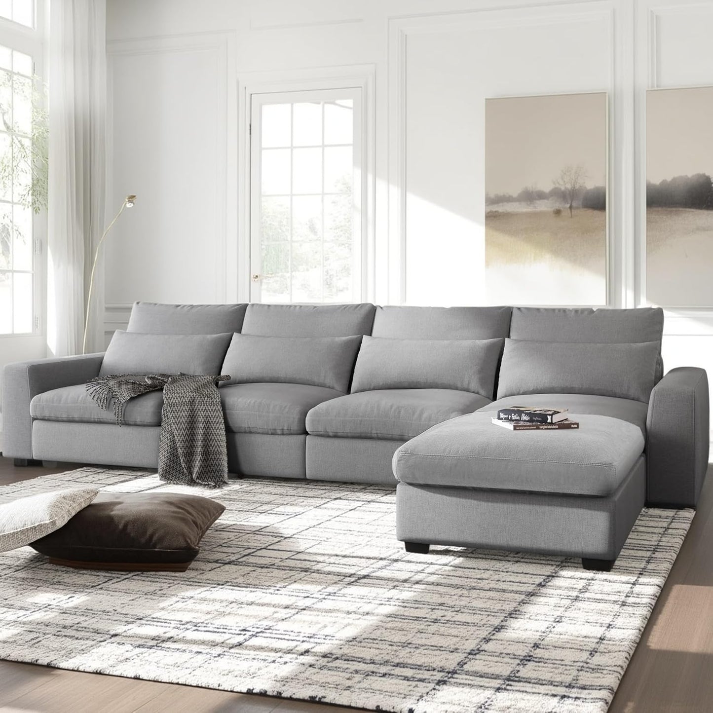 129.9 Inch Modern Oversized L-Shape Feather Filled Sectional Sofa with Ottoman, 5-Seater Modular Convertible Couch w/Reversible Chaise and 4 Pillows for Living Room, Apartment, Light Gray