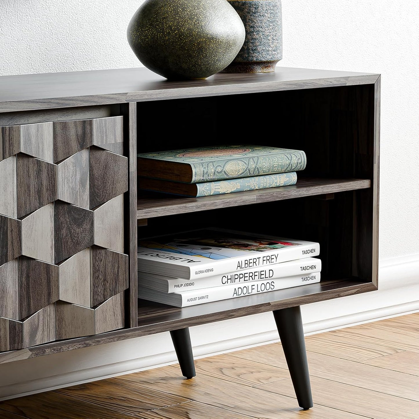 Bme Georgina 65-Inch Solid Acacia Wood TV Stand, Quick Assembly Entertainment Center with Storage, Geometric Pattern Console for Living Room, Bedroom, and Dining Room, Mocha