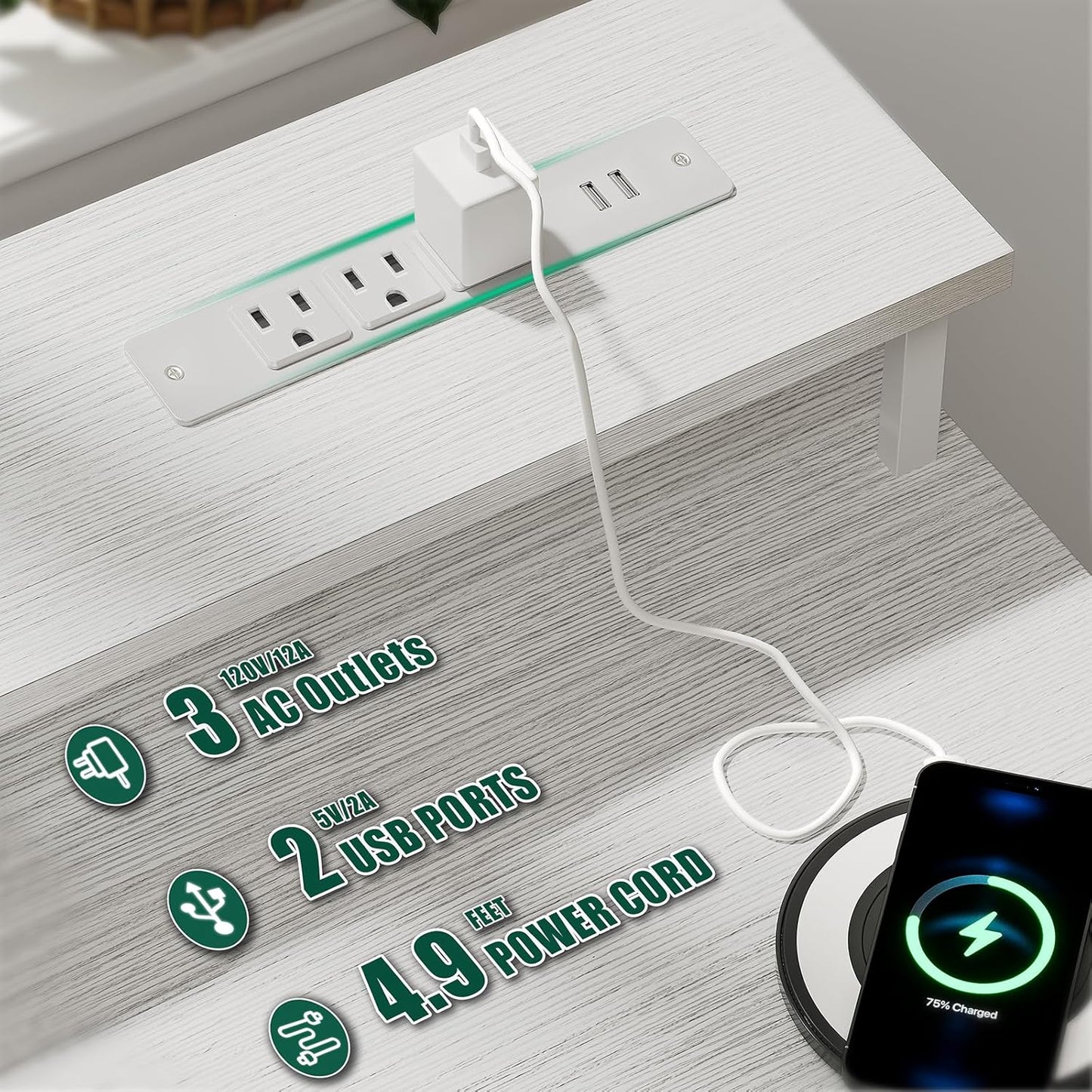 47 Inch Computer Gaming Desk with Power Outlets & LED Lights Reversible Home Office Desk with Adjustable 5 Fabric Storage Drawers for Working Writing Study, White Oak