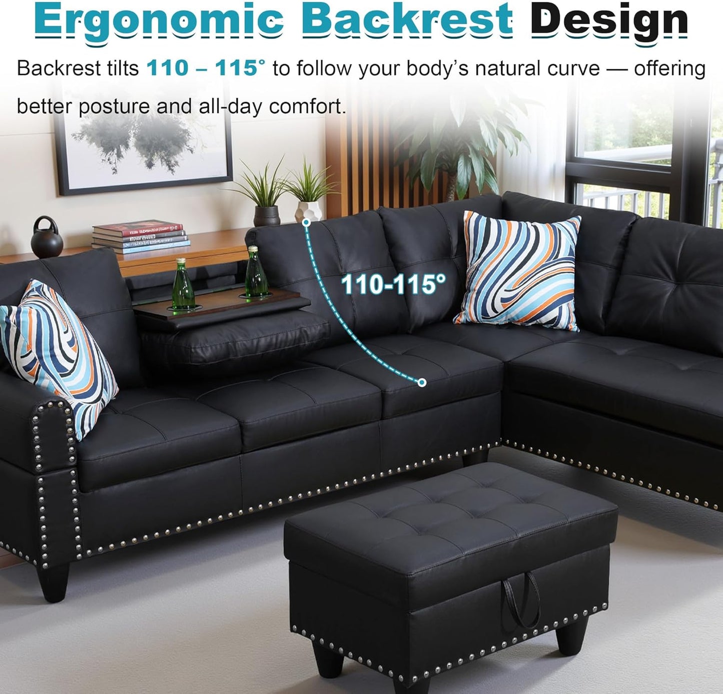 97.5" Oversized Sectional Couch, L Shaped Couch with Storage Ottoman, Modern Modular Sofa with Deep Seat, Sectional Couches for Living Room and Office, Black (Faux Leather)