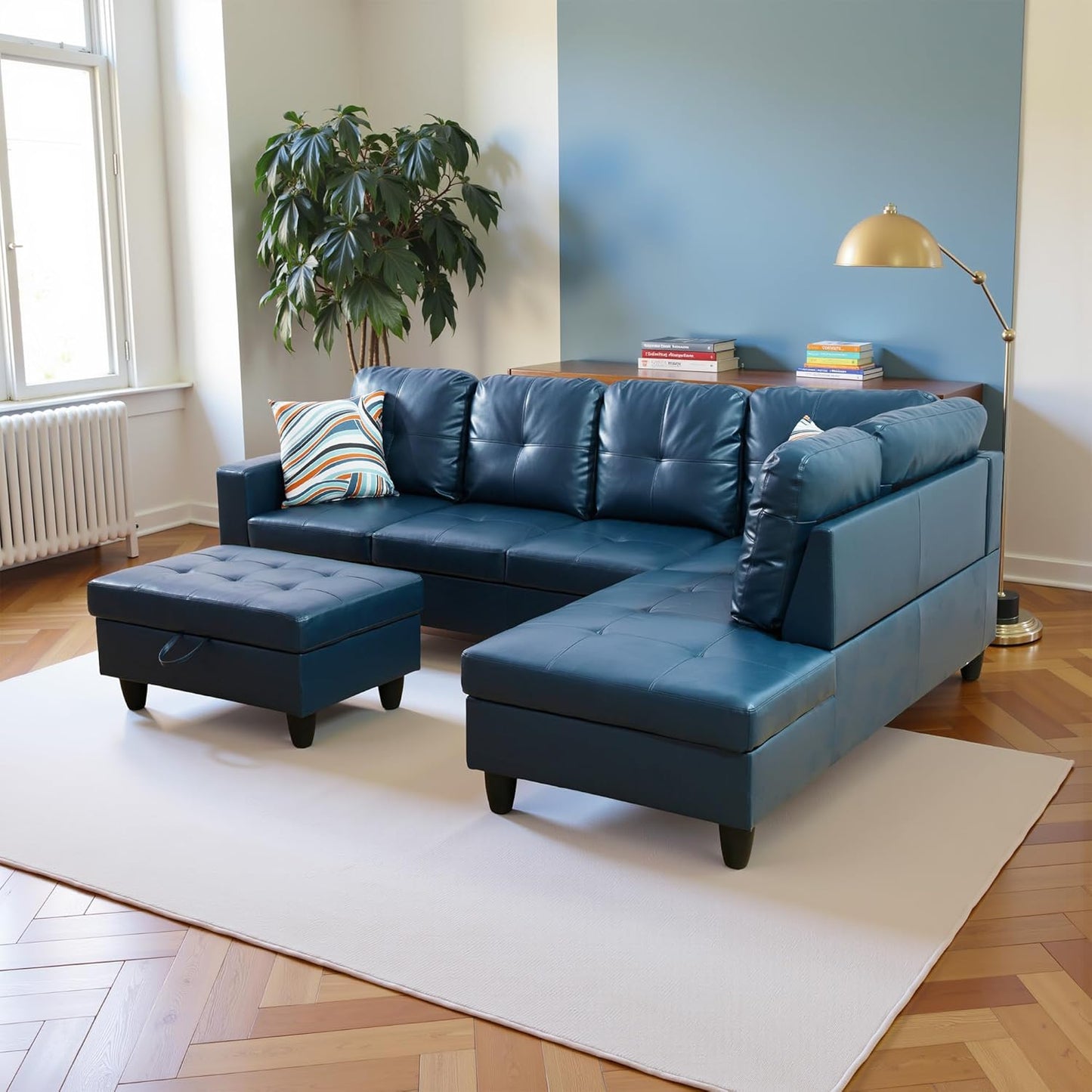 Couches for Living Room PU Leather L Shaped Couch Comfy 3 Pieces Sectional Sofa with Chaise, Ottoman with Storage for Office and Small Apartment, Peacock Blue