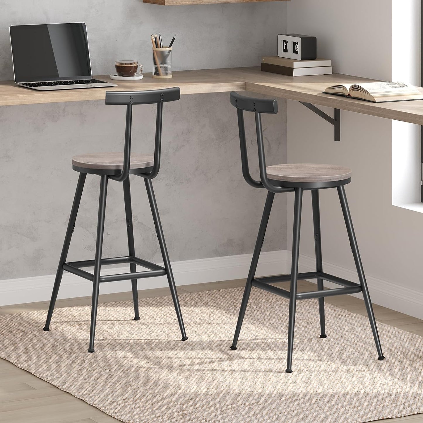 Bar Stools, Set of 2 Bar Chairs with Backrest and Footrest, 26" Tall Counter Stools, Metal Frame, Adjustable Feet, Easy Assembly, for Kitchen, Living Room, Pub, Greige BAHG6001