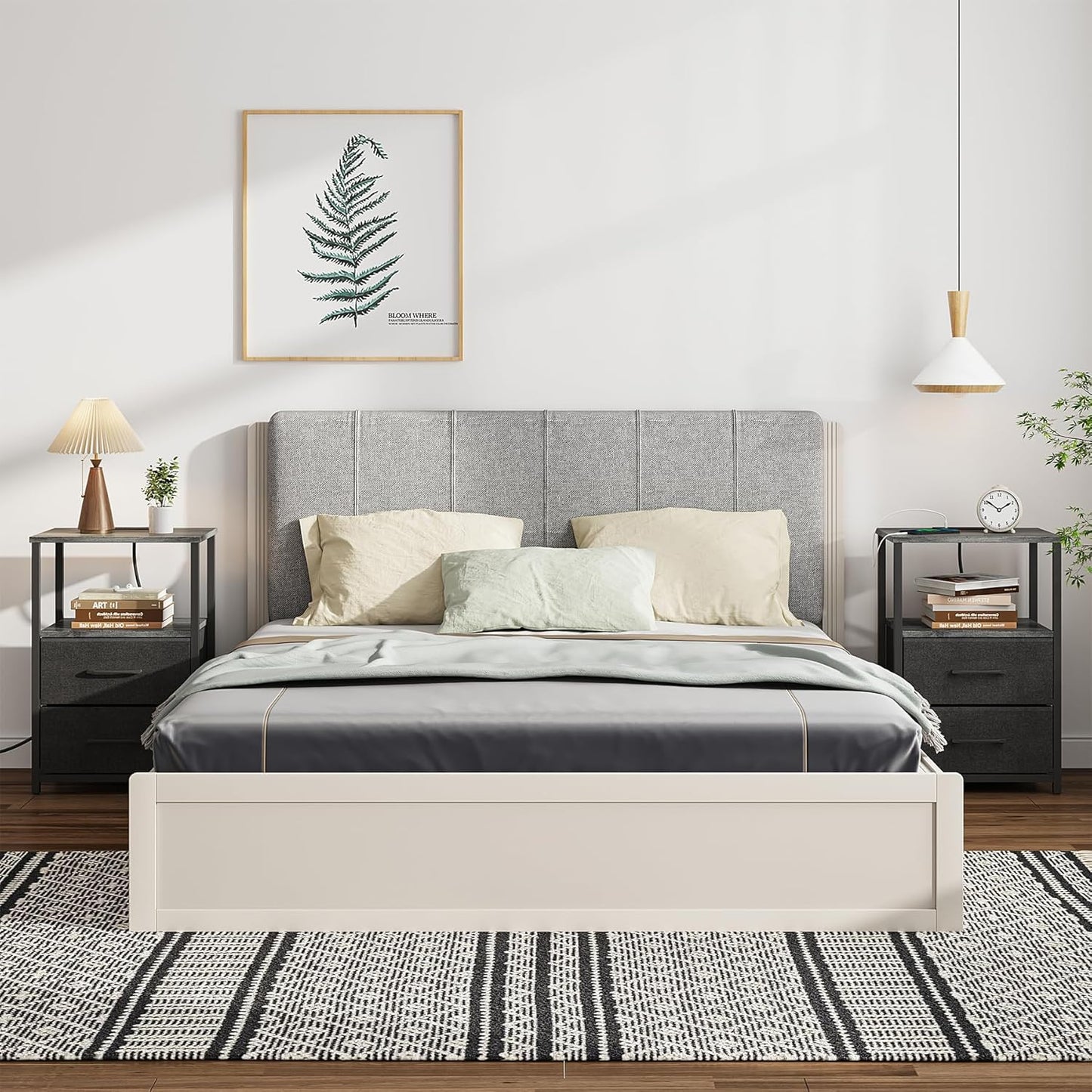 TUTOTAK End Table with Charging Station, Night Stand, Side Table with 2 USB Ports and Outlets, Nightstand with Cloth Drawer, Bedside Table for Livingroom, Bedroom Charcoal Grey TB01BY088