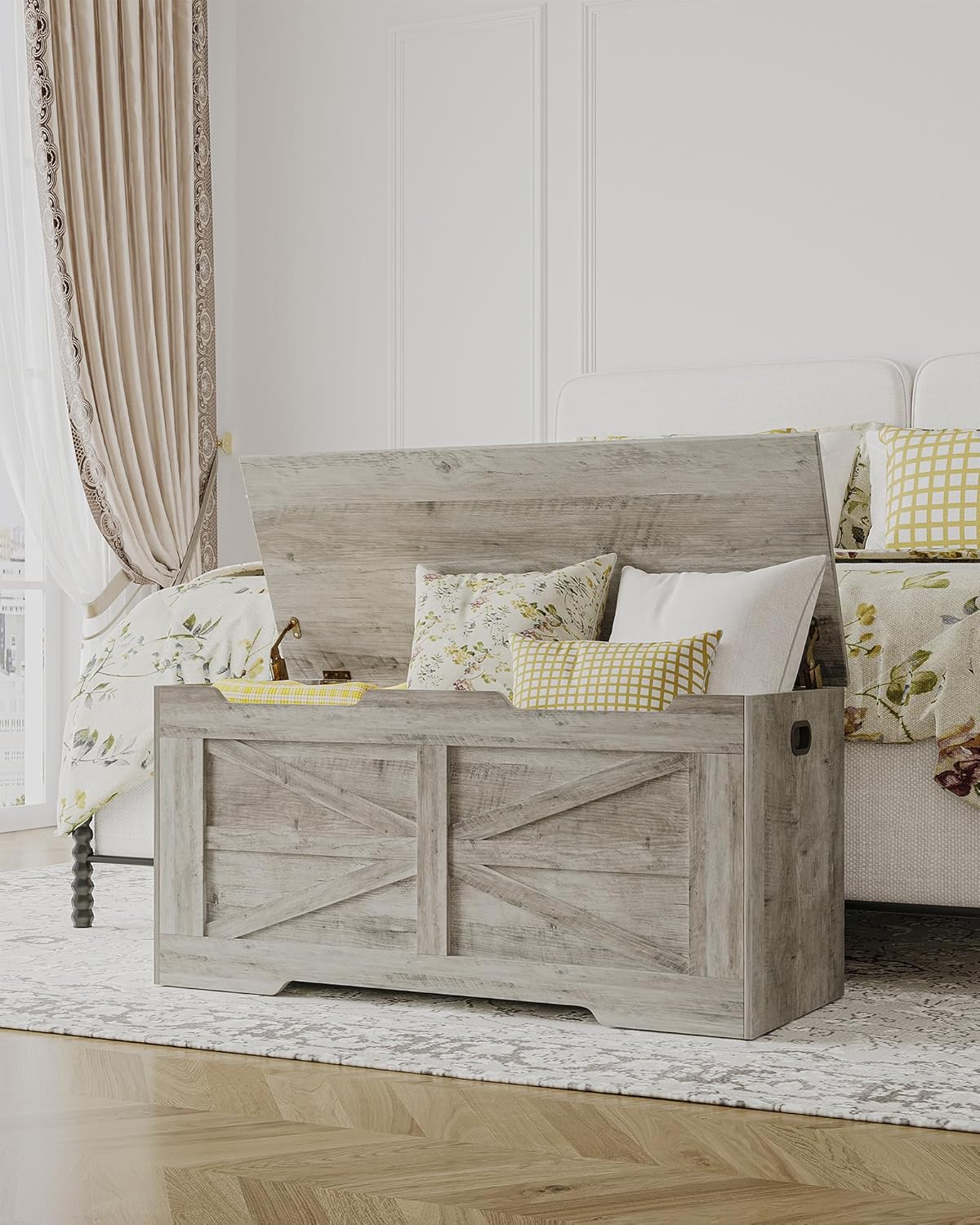 39.4" Storage Chest, Extra Large Storage Trunk with 2 Safety Hinges, Wooden Box Bench, Lift-Top Organizer Chest, Shoe Bench for Entryway, Bedroom, Living Room, Greige SB03405X