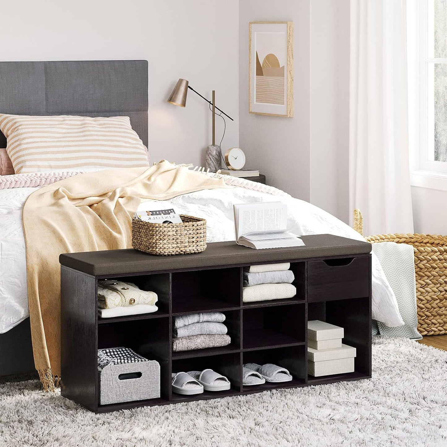 DINZI LVJ Shoe Bench, Entryway Storage Bench with Drawer and 11 Cubbies, Cubby Shoe Rack with Adjustable Shelves, Shoe Organizer Cabinet for Living Room, Bedroom, Mudroom, Closet and Garage, Espresso