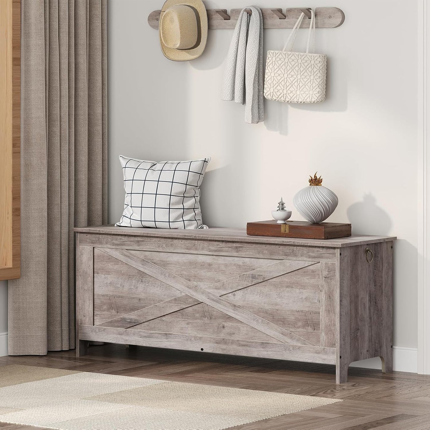 47.2" Toy Chest, Sturdy Entryway Storage Chest with Safety Hinges, Retro Toy Box, Wooden Look Accent Furniture for Living Room, Bedroom, Greige SCGY48801N1