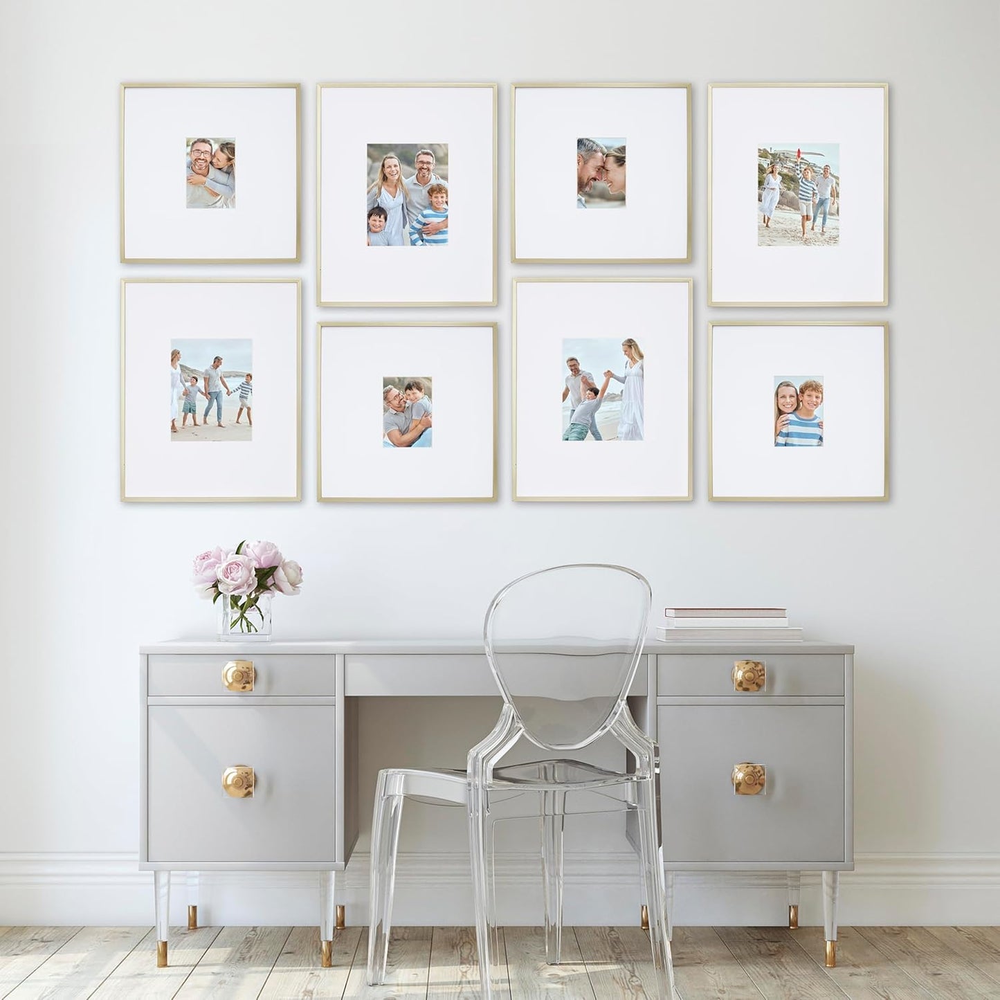 Camden Reed Arcadia 8 Piece Oversized Gallery Wall Frame, 16x20 and 16x16 Inch Matted Frames for Featuring 8x10 and 5x7 Inch Photographs or Art Prints, Gold Finish